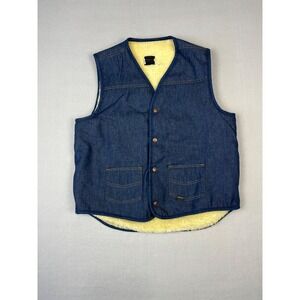 Vintage Sears Roebucks Denim Vest Mens XLT Blue Snap Button Fleece Lined 80s USA